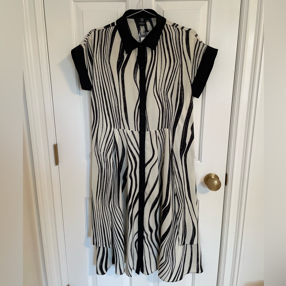 Gracia Silk Black and White Striped Midi Dress